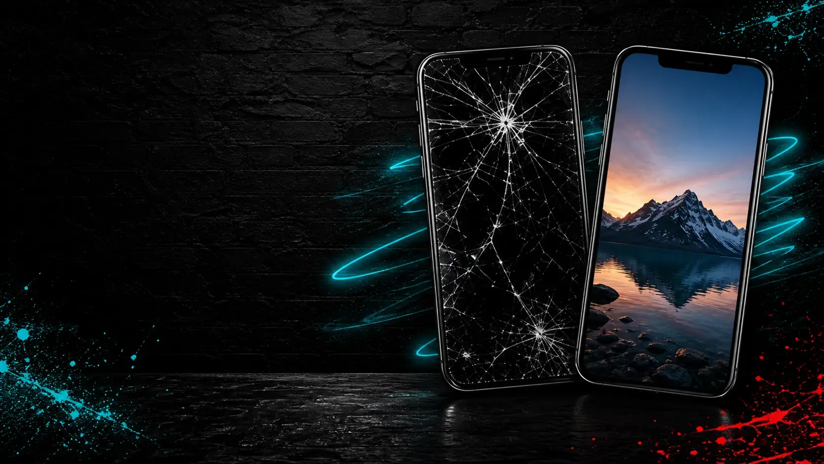 Two phones showing a cracked screen before repair and a clean screen after repair